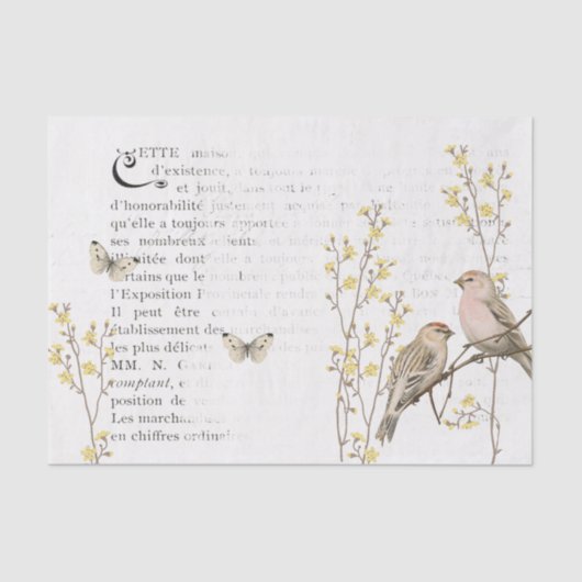 Franse tekst Redpoll Vogel Geel Bloem Decoupage Tissuepapier (Voorkant)