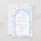 Franse Toile Blauw en Witte Bloemen Huwelijk RSVP Kaartje (Voorkant)