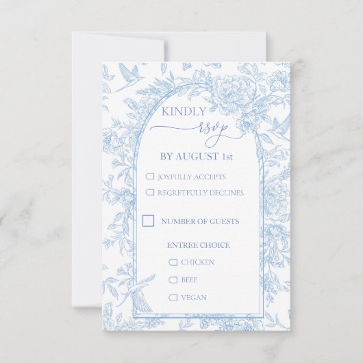 Franse Toile Blauw en Witte Bloemen Huwelijk RSVP Kaartje (Voorkant)