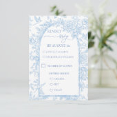 Franse Toile Blauw en Witte Bloemen Huwelijk RSVP Kaartje (Staand voorkant)