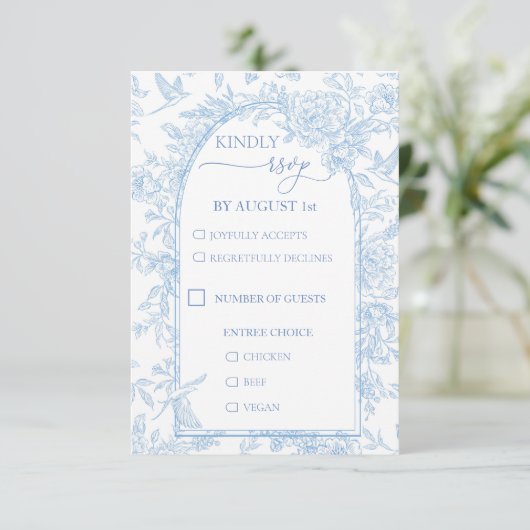 Franse Toile Blauw en Witte Bloemen Huwelijk RSVP Kaartje (Staand voorkant)