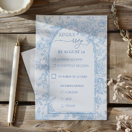 Franse Toile Blauw en Witte Bloemen Huwelijk RSVP Kaartje