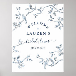 Franse Toile Blauw & wit Bruids-shower Welkom  Poster