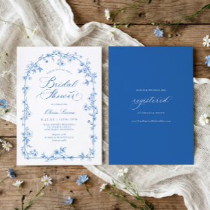 Franse Toile Blauwe en Witte Bloem Bruiloft Borrel Kaart