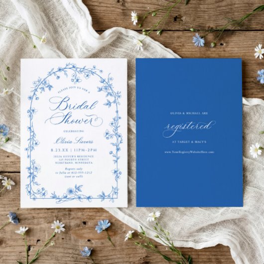 Franse Toile Blauwe en Witte Bloem Bruiloft Borrel Kaart