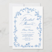 Franse Toile Blauwe en Witte Bloem Bruiloft Borrel Kaart (Voorkant)