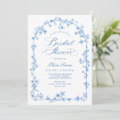Franse Toile Blauwe en Witte Bloem Bruiloft Borrel Kaart (Staand voorkant)