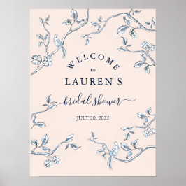 Franse Toile Blauwe & Roze Bruiloft Feest Welkom  Poster