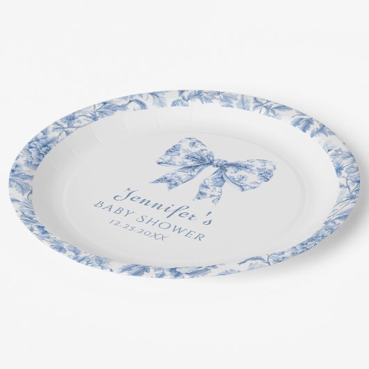 Franse Toile Blue Bow  Baby Boy Shower Papieren Bordje (Gekanteld)