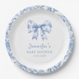 Franse Toile Blue Bow Baby Boy Shower Papieren Bordje