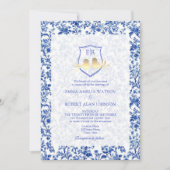 Franse Toile Blue Floral Crest Wedding Kaart (Voorkant)