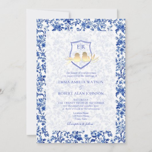 Franse Toile Blue Floral Crest Wedding Kaart (Voorkant)