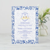 Franse Toile Blue Floral Crest Wedding Kaart (Staand voorkant)