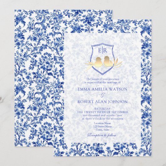Franse Toile Blue Floral Crest Wedding Kaart (Voorkant / Achterkant)