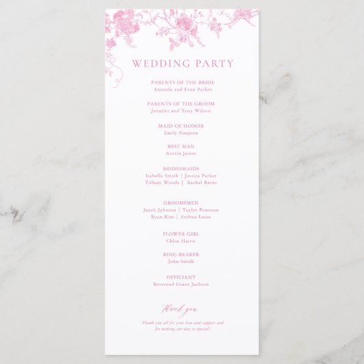 Franse Toile Classic Roze Bloemen Huwelijk Programmakaart (Achterkant)