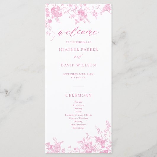 Franse Toile Classic Roze Bloemen Huwelijk Programmakaart (Voorkant)