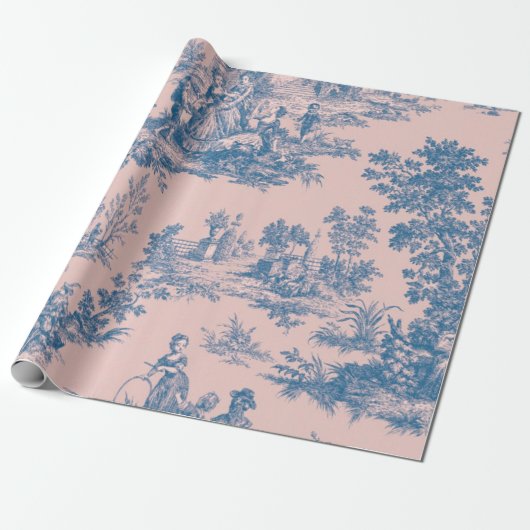 Franse toile de jouy blauw en roze decoupage cadeaupapier (Uitgerold)