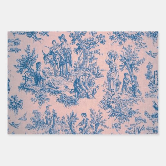 Franse toile de jouy blauw en roze decoupage inpakpapier vel (Voorkant 3)