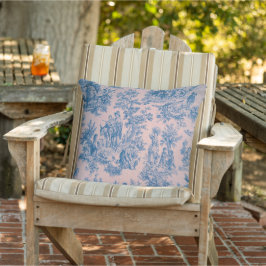 Franse toile de jouy blauw en roze elegante patio buitenkussen