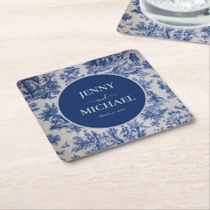 Franse Toile de Jouy Blauw Wit Elegant Huwelijk Kartonnen Onderzetters