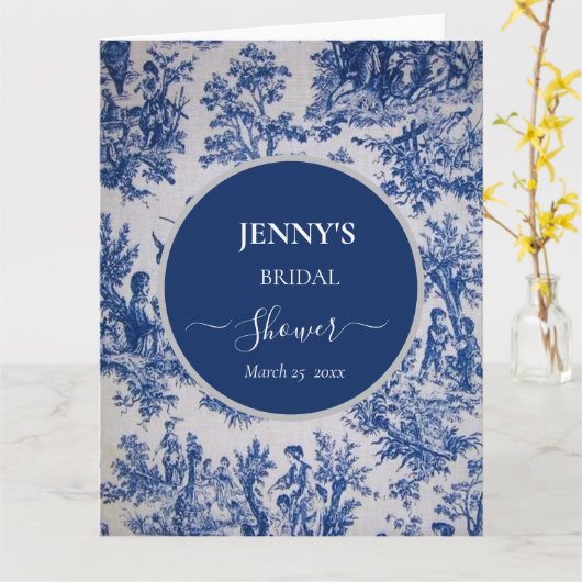 Franse Toile de Jouy Blauw-wit Vrijgezellenfeest Kaart (Gele Bloem)