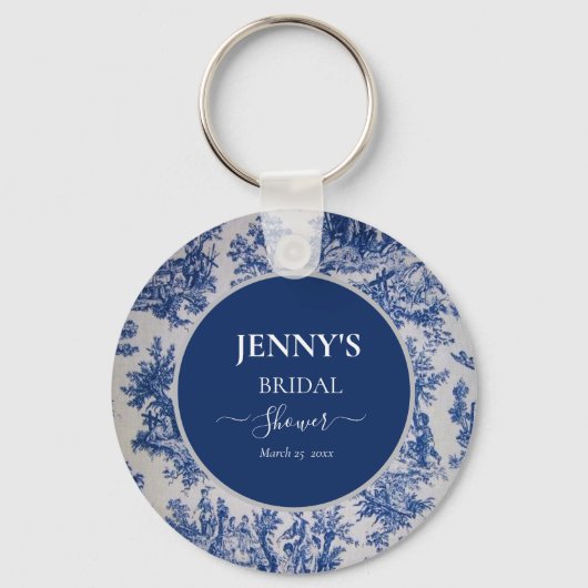 Franse Toile de Jouy Blauwe en Witte Bruidsdouche Sleutelhanger (Voorkant)