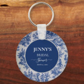 Franse Toile de Jouy Blauwe en Witte Bruidsdouche Sleutelhanger (Voorkant)