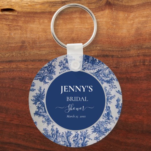Franse Toile de Jouy Blauwe en Witte Bruidsdouche Sleutelhanger (Voorkant)