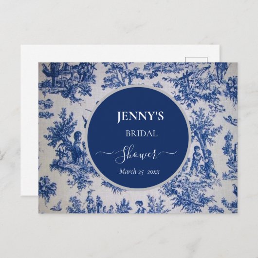 Franse Toile de Jouy Blauwe en Witte Bruiloft Fees Aankondigingskaart (Voorkant / Achterkant)