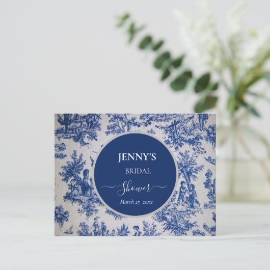 Franse Toile de Jouy Blauwe en Witte Bruiloft Fees Aankondigingskaart (Staand voorkant)