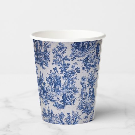 Franse Toile de Jouy Blauwe en Witte Bruiloft Fees Papieren Bekers (Achterkant)