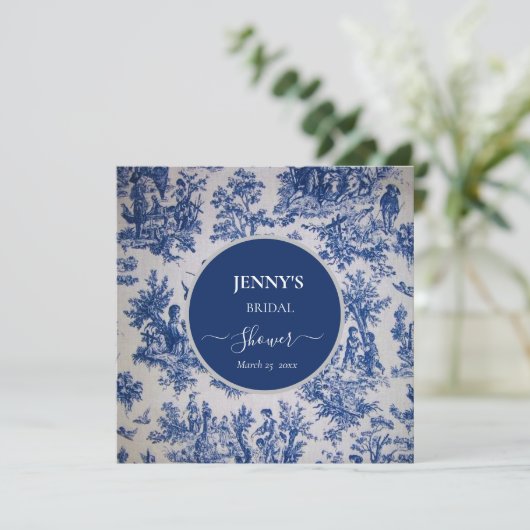 Franse Toile de Jouy Blauwe en Witte Bruiloft Fees Save The Date (Staand voorkant)