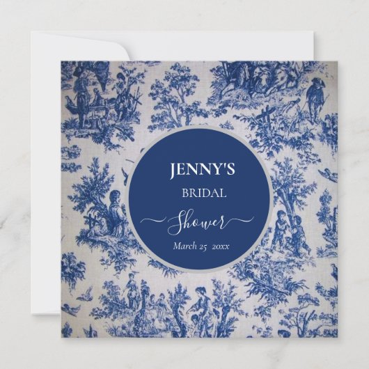 Franse Toile de Jouy Blauwe en Witte Bruiloftsdouc Save The Date (Voorkant)