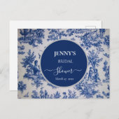 Franse Toile de Jouy Blauwe en Witte Bruiloftsfees Aankondigingskaart (Voorkant / Achterkant)