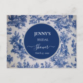 Franse Toile de Jouy Blauwe en Witte Bruiloftsfees Aankondigingskaart (Voorkant)