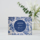 Franse Toile de Jouy Blauwe en Witte Bruiloftsfees Aankondigingskaart (Staand voorkant)