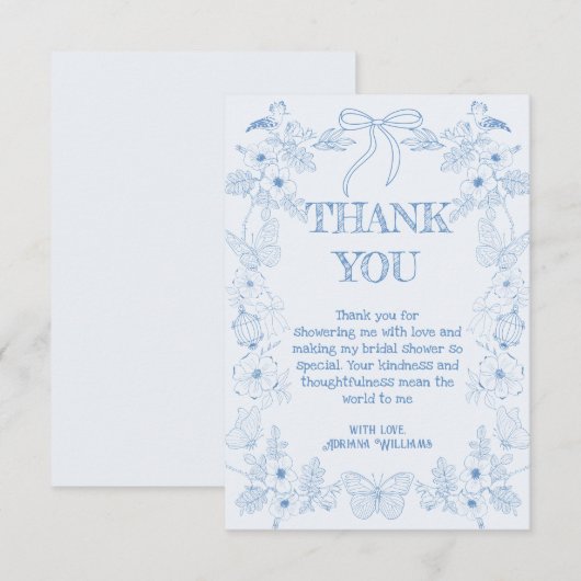 Franse Toile De Jouy Blauwe Flora Bruiloft Bedankkaart (Voorkant / Achterkant)