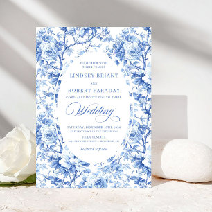 Franse Toile de Jouy Blauwe Rozen Elegante Trouw Kaart