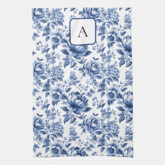  Franse Toile de Jouy Monogram Marine Blauw Theedoek (Verticaal)