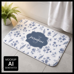 Franse Toile de jouy Monogram Naam Blauw Patroon Badmat
