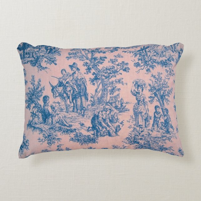 Franse toile de jouy roze en blauw elegant accent kussen (Voorkant)