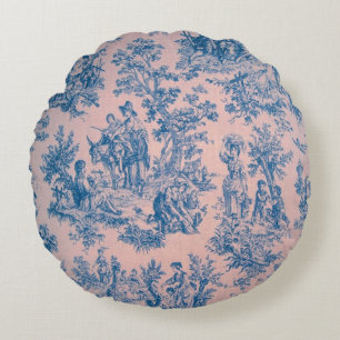 Franse toile de jouy roze en blauw elegant rond kussen