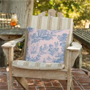 Franse toile de jouy roze en blauwe elegante patio buitenkussen