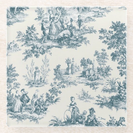 Franse toile de jouy sage groen elegant glazen onderzetter (Voorkant)