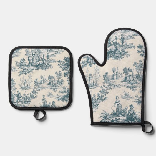 Franse toile de jouy sage groen elegant ovenwant & pannenlap set (Voorkant)