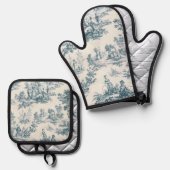 Franse toile de jouy sage groen elegant ovenwant & pannenlap set (Voorkant / Achterkant)