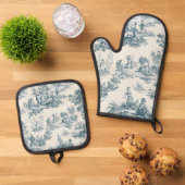 Franse toile de jouy sage groen elegant ovenwant & pannenlap set (Top down)