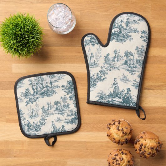 Franse toile de jouy sage groen elegant ovenwant & pannenlap set (Top down)