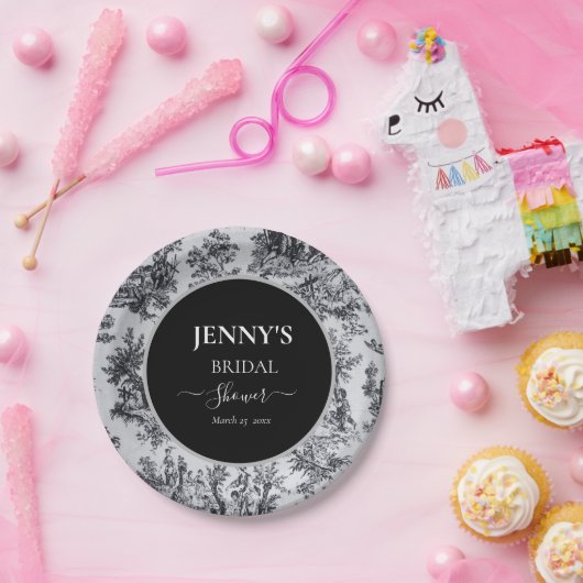 Franse Toile de Jouy Zwart en Wit Bruidsdouche Papieren Bordje (Feest)