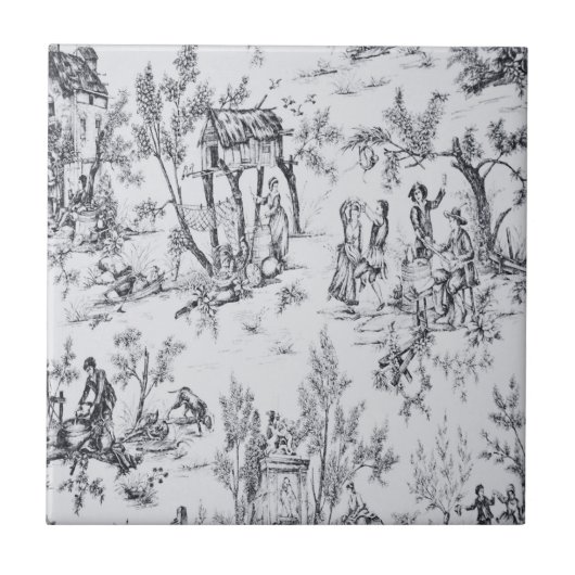 Franse toile de jouy zwart-wit elegante kunst tegeltje (Voorkant)